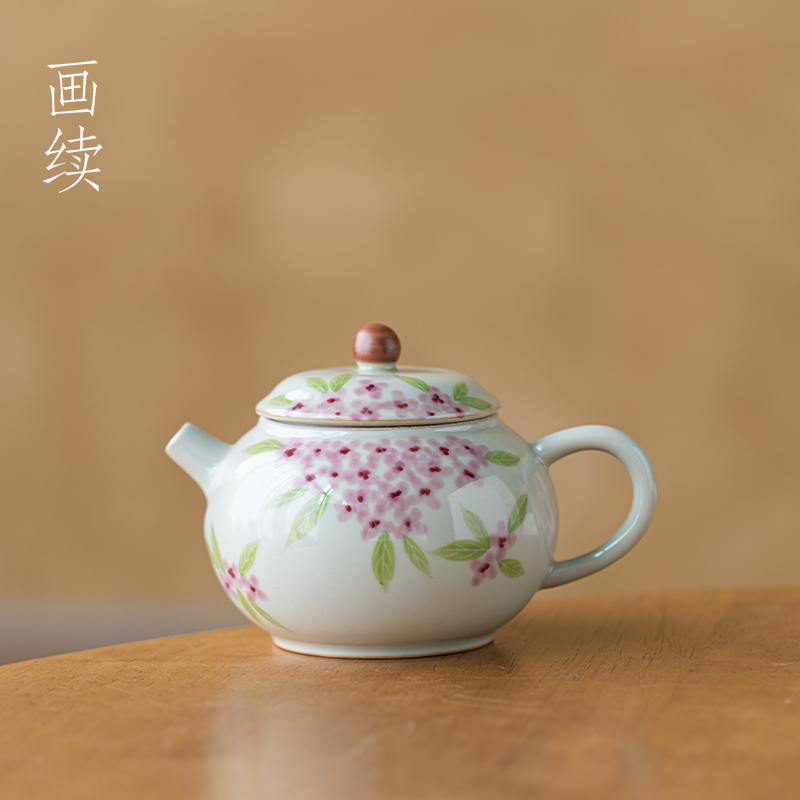 手绘紫绣球花茶壶家用陶瓷
