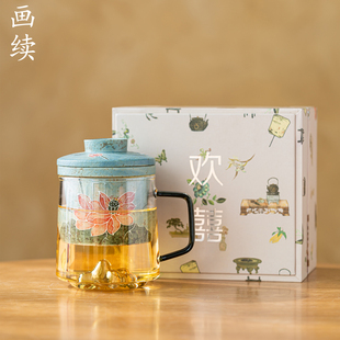 画续手绘鱼戏荷阅山玻璃办公杯中国风带盖泡茶杯中式荷花图手把杯