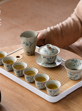 画续草木灰手绘竹子盖碗功夫茶具套组家用客厅喝茶杯带茶盘整套