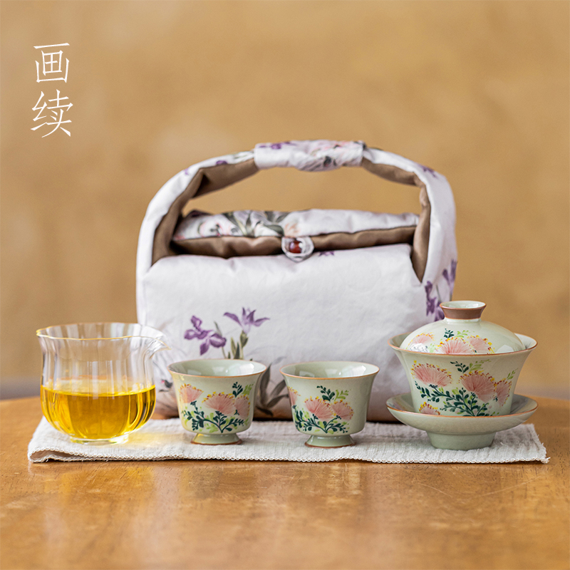 画续粉绒花事盖碗旅行套组陶瓷釉下彩手绘三才盖碗茶具茶杯收纳袋