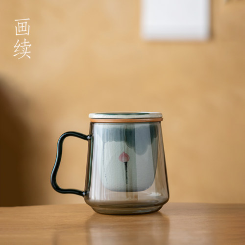 画续手绘荷花泡茶杯茶水分离内胆