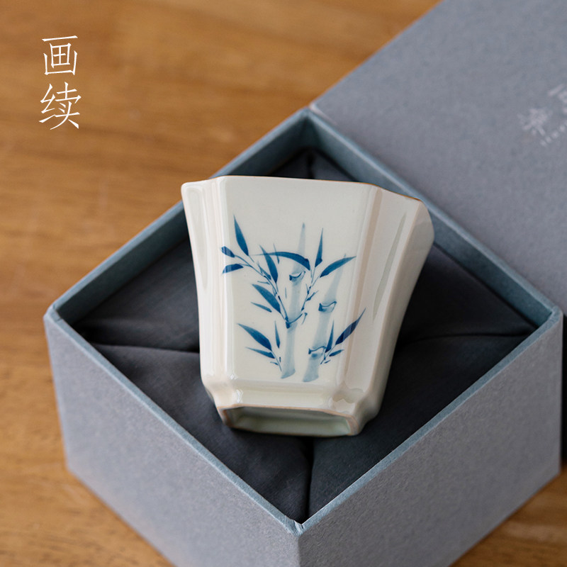 草木灰纯手绘兰花主人杯单杯功夫茶具茶杯单个四方杯品茗陶瓷竹子
