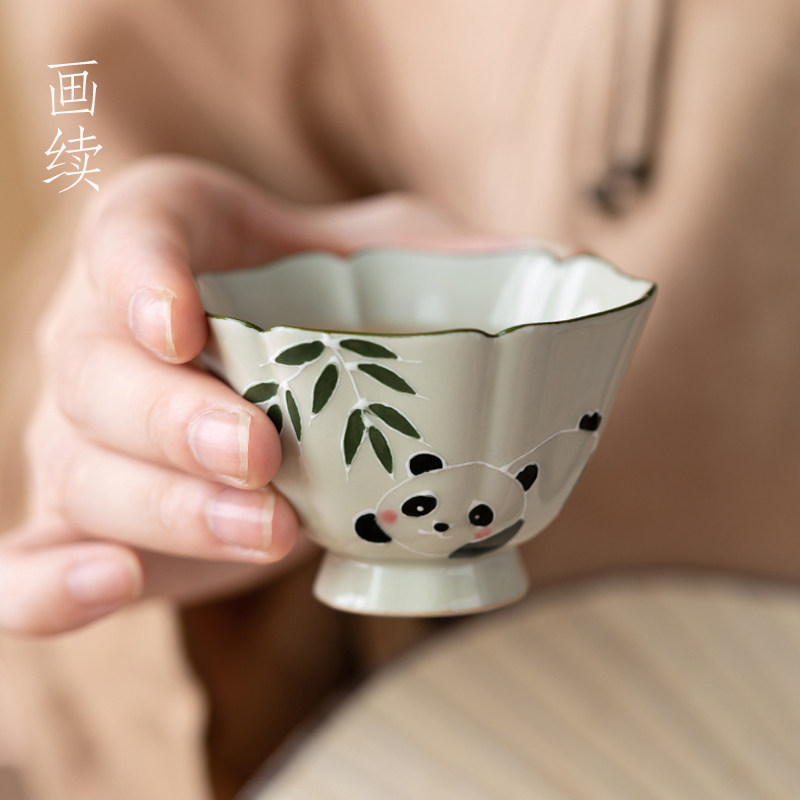 画续草木灰手绘熊猫主人杯葵口六方杯单杯功夫茶杯陶瓷品茗杯对杯,餐饮具,茶杯,淘宝优惠券,粉丝福利购,淘宝优惠卷