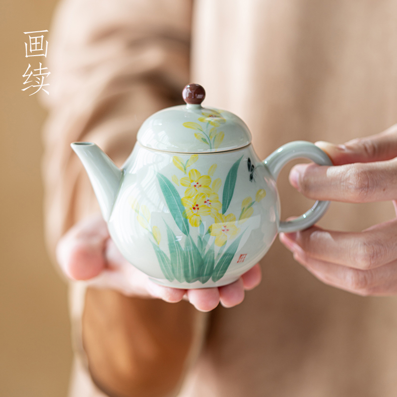 画续草木灰手绘蕙兰梨形茶壶泡茶家用功夫茶具单壶可爱陶瓷一人用