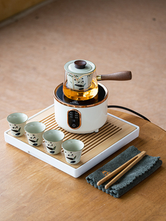 画续草木灰手绘熊猫煮茶壶茶具套装侧把壶多功能电陶炉烧水煮茶炉