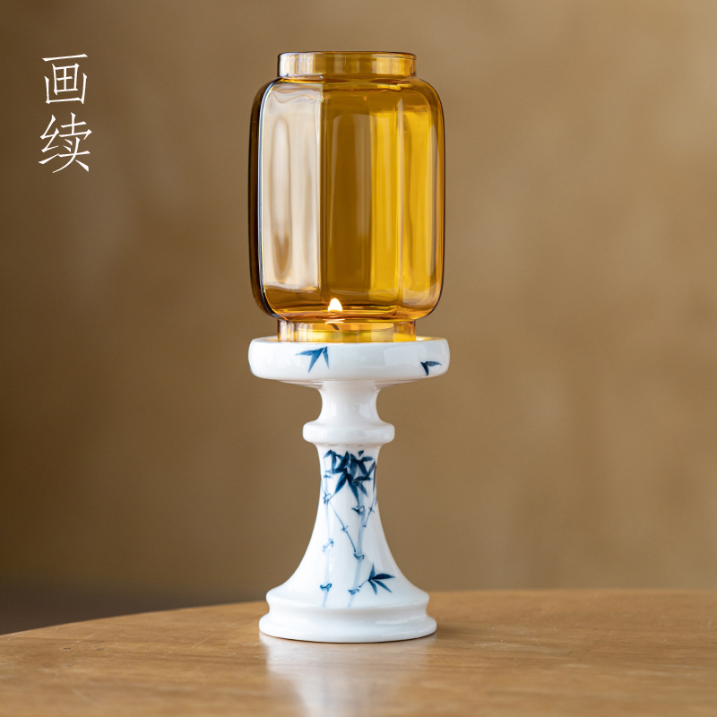 画续中式玻璃烛台茶道手绘茶室