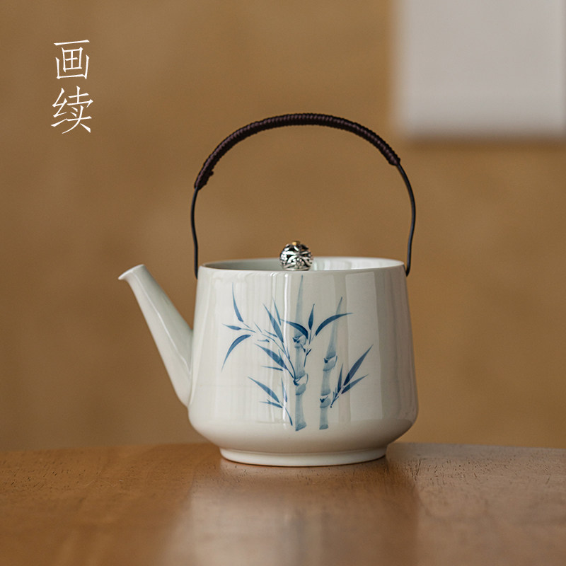 画续草木灰手绘竹子茶壶泡茶家用提梁壶大容量老式陶瓷单壶中式