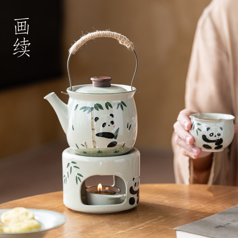 画续草木灰手绘熊猫温茶壶套装提梁壶大容量家用温茶器煮茶炉蜡烛