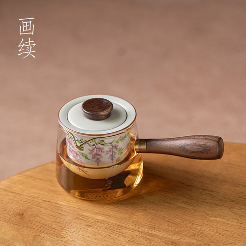 釉下彩手绘紫藤花玻璃侧把壶