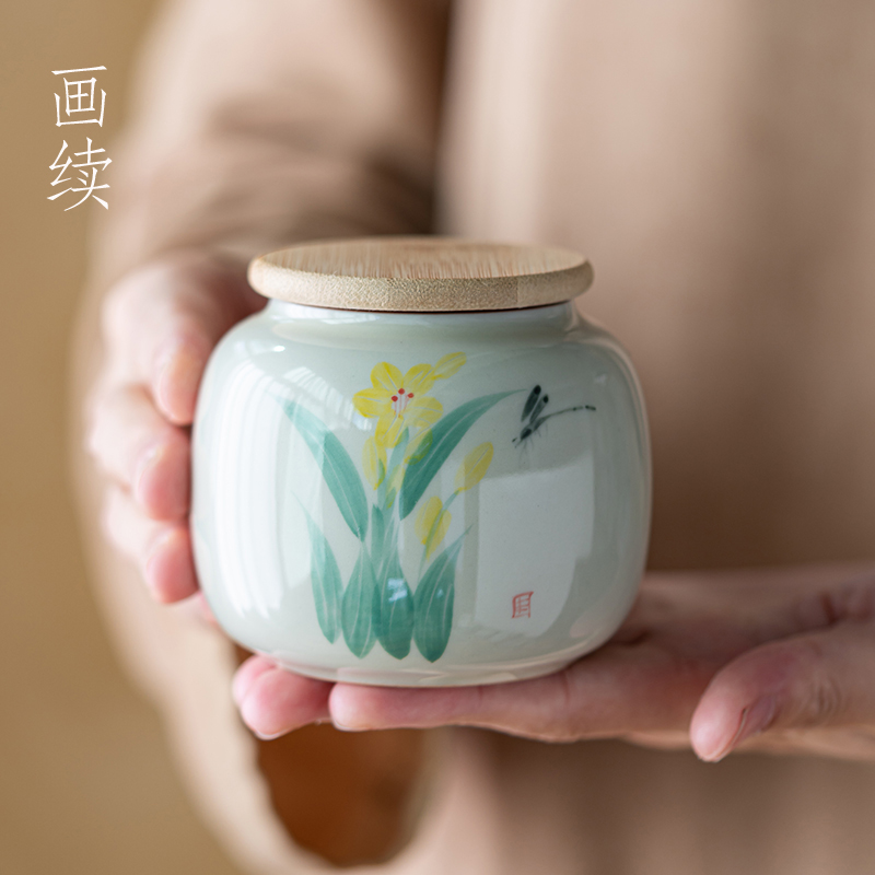 画续草木灰手绘蕙兰圆融茶叶罐密封陶瓷存茶罐中式复古防潮小号