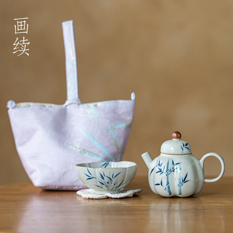 画续草木灰手绘竹子南瓜茶壶陶瓷茶具旅行套装一壶一杯便携收纳包,餐饮具,旅行茶具,淘宝优惠券,粉丝福利购,淘宝优惠卷