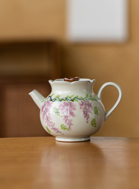 植物灰色手绘紫藤花茶壶泡茶家用功夫茶具单壶兰花素描陶瓷一人为