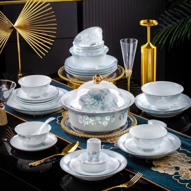 聚品阁 景德镇陶瓷餐具合家欢玲珑瓷饭碗菜碟盘子高档乔迁送礼