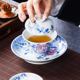 聚品阁 青花斗彩茶具盖碗景德镇茶杯牡丹壶承手工手绘高岭土100ml