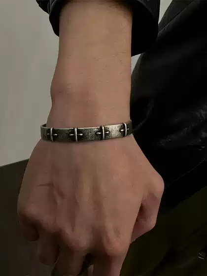 Black Ma+ Cross Bracelet, Couple Style, Handmade Silver Bracelet, Vintage Distressed, ins Niche Avant-Garde Design Jewelry