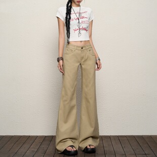 加绒加厚裤子女款冬牛仔裤微喇阔腿牛仔微喇裤女喇叭小个子卡其色