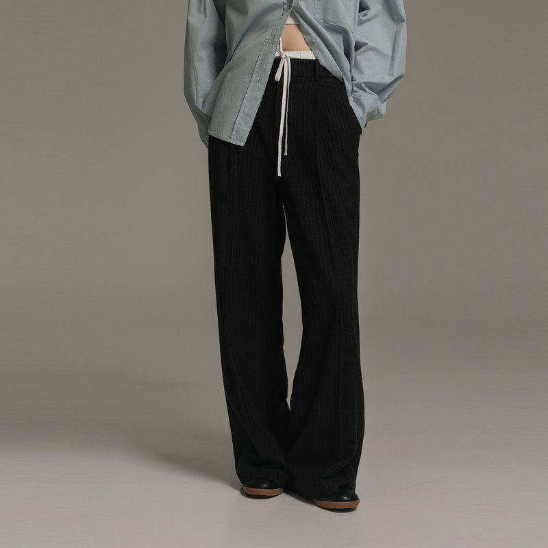 AIRIQI冬季新款休闲通勤拼接松紧腰系带直筒西装裤长裤AI44