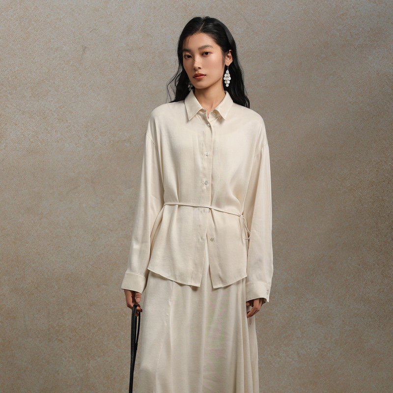 黑标BAIZHUO商场同款25冬新款休闲廓形带腰带天丝衬衫女AZ