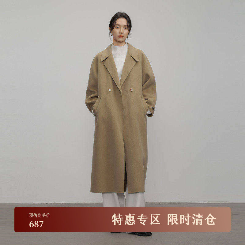 黑标BAIZHUO冬季新款休闲简约长款山羊绒双面呢毛呢外套AZ4
