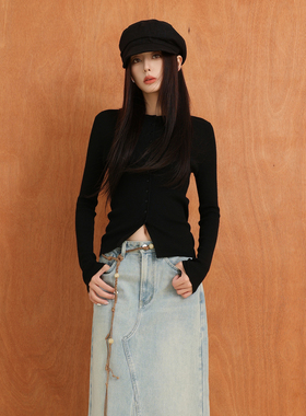 AIRIQI秋季新款通勤圆领收腰设计感修身羊毛针织开衫女AH43KS229