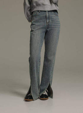 AIRIQI冬季新款休闲百搭松弛感高腰显瘦微喇开叉牛仔裤AI44NC213