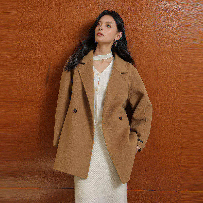 黑标BAIZHUO冬季新款通勤休闲翻领中长款双面呢毛呢外套AZ4