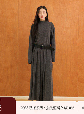 AIRIQI商场同款25冬新款休闲堆褶立领收腰针织连衣裙女AY54LQ322