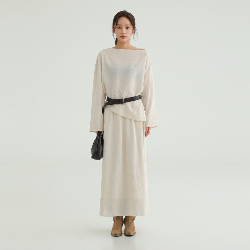 AIRIQI商场同款25秋新款斜肩领小衫+压褶半身裙天丝套装AH