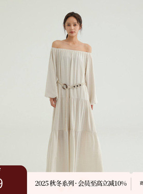 AIRIQI商场同款25秋新款一字领拼接捏褶设计感连衣裙女AH53LQ255