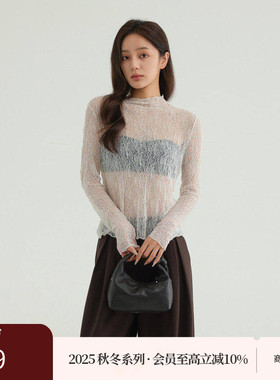 AIRIQI商场同款25秋新款轻薄蝉翼镂空蕾丝针织打底衫女AH53DS342