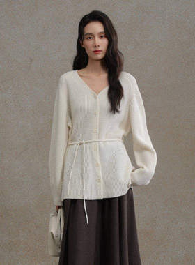 AIRIQI商场同款25冬新款镂空设计V领系带全羊毛针织开衫AH54KS300