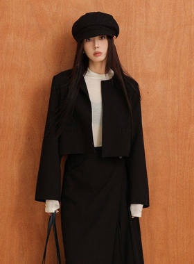 黑标BAIZHUO秋季新款休闲极简风正肩无领西装夹克短外套AZ43WT300