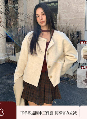 AIRIQI冬季新款圆领简约通勤全羊毛双面呢短款毛呢外套AH44DY086