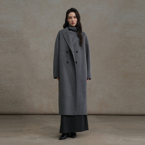 AIRIQI25冬新款双排扣双面呢大衣