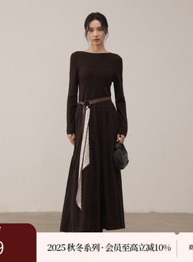 黑标BAIZHUO商场同款25冬新款简约修身圆领带腰带连衣裙AZ54LQ410