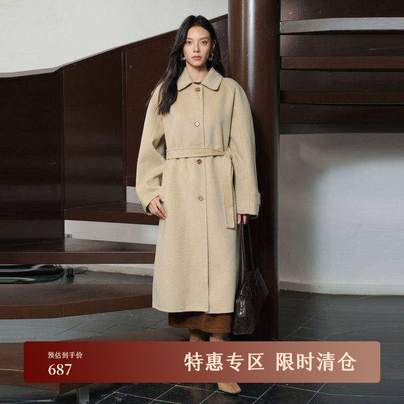 AIRIQI冬季新款休闲小翻领单排扣系带全羊毛双面呢大衣AZ44
