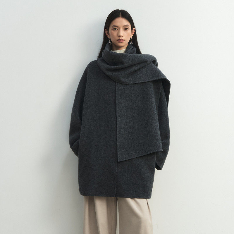 AIRIQI商场同款25冬新款围巾披肩羊毛中长款双面呢大衣AH5