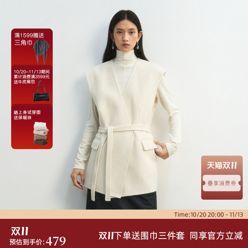 黑标BAIZHUO冬季新款全羊毛宽松系带无领交叠双面呢马甲AZ54DY269