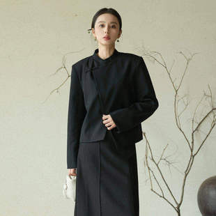 侧襟立领暗扣羊毛西装 新中式 外套AZ43XZ213 新款 黑标BAIZHUO秋季