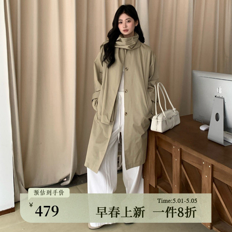黑标BAIZHUO春季新款休闲松弛感落肩可拆卸围脖风衣外套AZ5