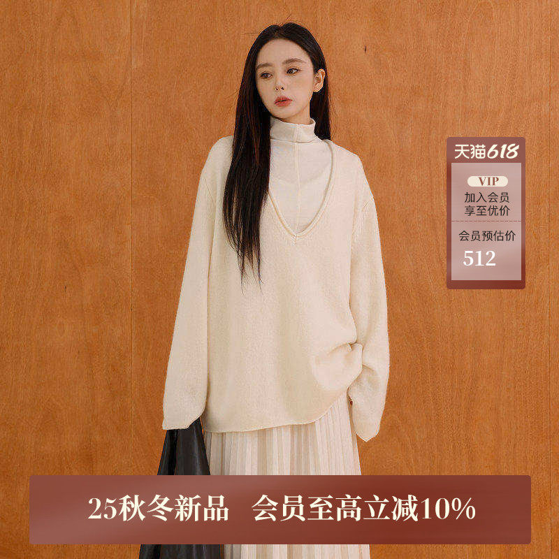 黑标BAIZHUO商场同款25冬新款优雅低领宽松全羊毛针织衫AZ54MS156