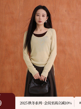 AIRIQI商场同款25秋新款撞色假两件设计感羊毛针织衫女AX53MS099