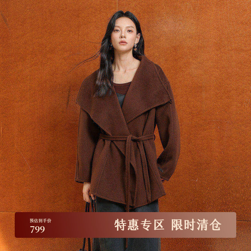 黑标BAIZHUO冬季新款大翻领轻盈短款系带双面呢毛呢外套AZ4
