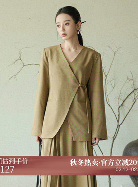 黑标BAIZHUO秋季新款新中式轻薄无领斜襟系带设计感西装AZ43XZ215