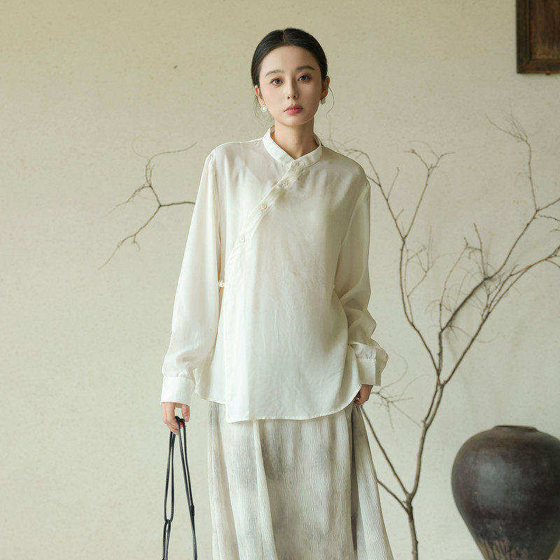 黑标BAIZHUO秋季新款新中式立领斜襟系带设计感长袖衬衫AZ4