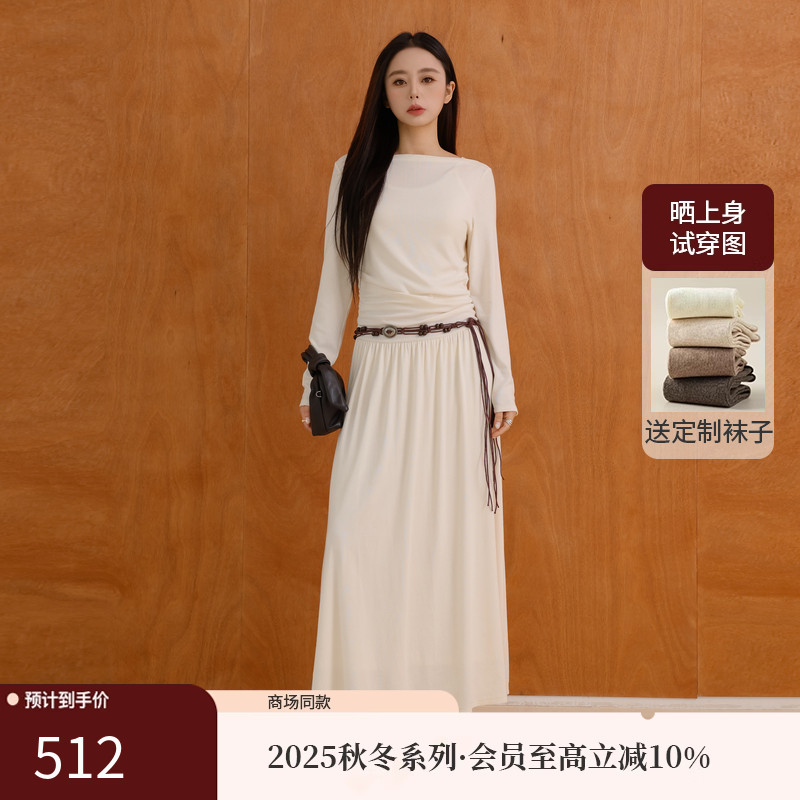 AIRIQI25冬新款碎褶长袖连衣裙