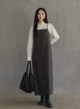 AIRIQI冬季新款极简通勤气质一字领显瘦吊带A字连衣裙女AY44LQ247