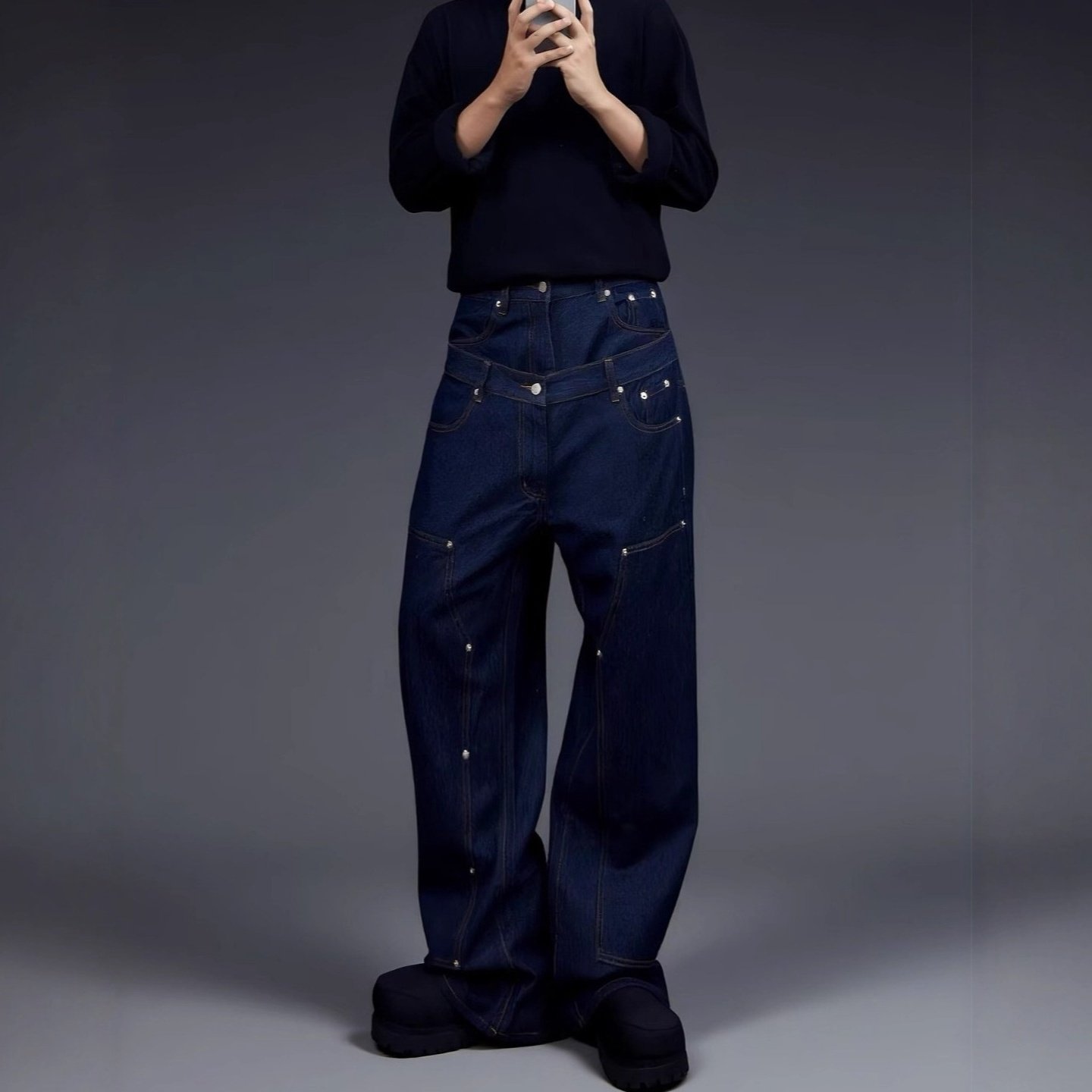 假两件双腰头设计牛仔裤撞钉深蓝色肌理宽松时尚百搭直筒休闲长裤,男装,牛仔裤,淘宝优惠券,粉丝福利购,淘宝优惠卷