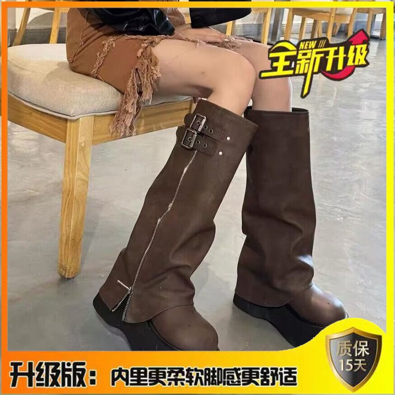 大头裤管靴子厚底不过膝长靴高筒骑士靴圆头腿套甜酷皮革拼接