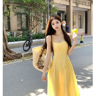 收腰气质长裙海边度假 法式 小个子黄色吊带连衣裙女装 夏季 新款